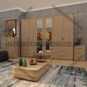 Oak 6 Door Wardrobe With 2 Mirrors and 4 Bottom Drawer