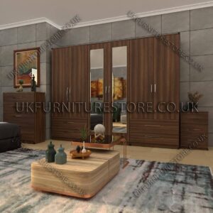 Walnut 6 Door Wardrobe With 2 Mirrors and 4 Bottom Drawer