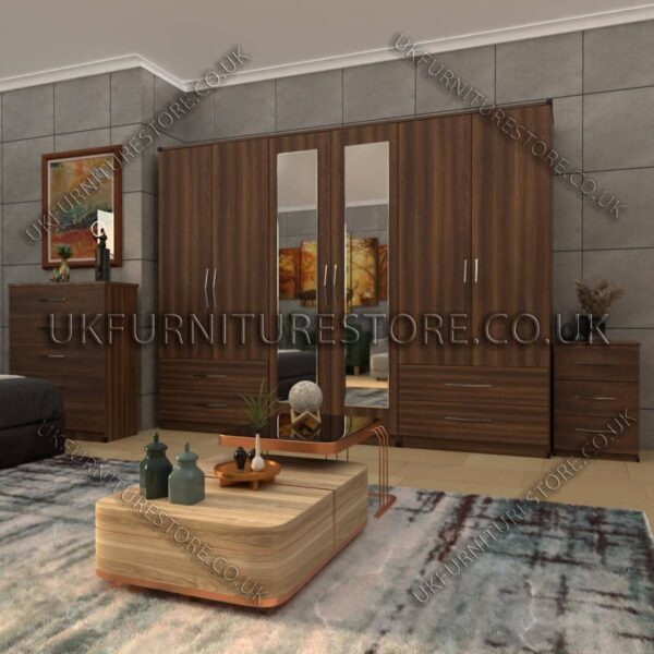 Walnut 6 Door Wardrobe With 2 Mirrors and 4 Bottom Drawer