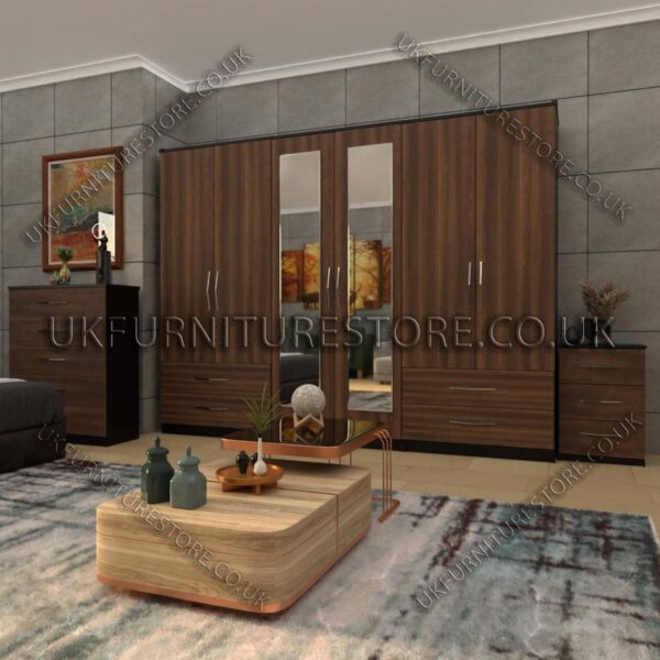 Front Walnut Side Black 6 Door Wardrobe With 2 Mirrors and 4 Bottom Drawer