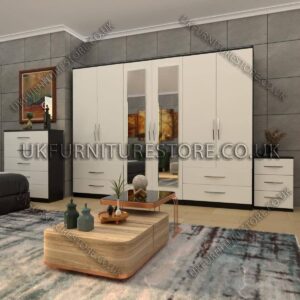 Front White Side Black 6 Door Wardrobe With 2 Mirrors and 4 Bottom Drawer