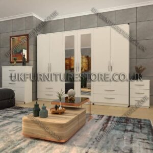 White 6 Door Wardrobe With 2 Mirrors and 4 Bottom Drawer