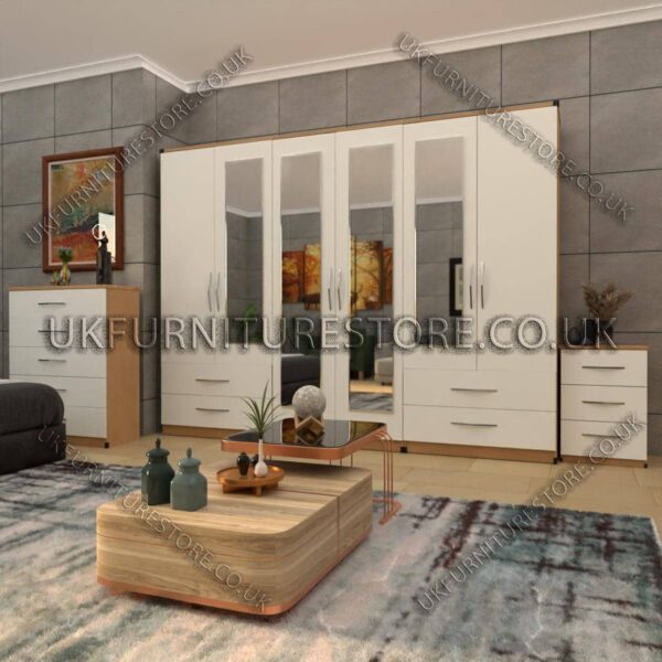 Front White Side Oak 6 Door Wardrobe Set With 4 Mirrors and 4 Bottom Drawer
