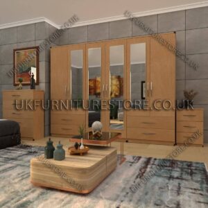 Beech 6 Door Wardrobe Set With 4 Mirrors and 4 Bottom Drawer