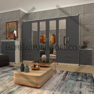 Front Gray Side White 6 Door Wardrobe Set With 4 Mirrors and 4 Bottom Drawer
