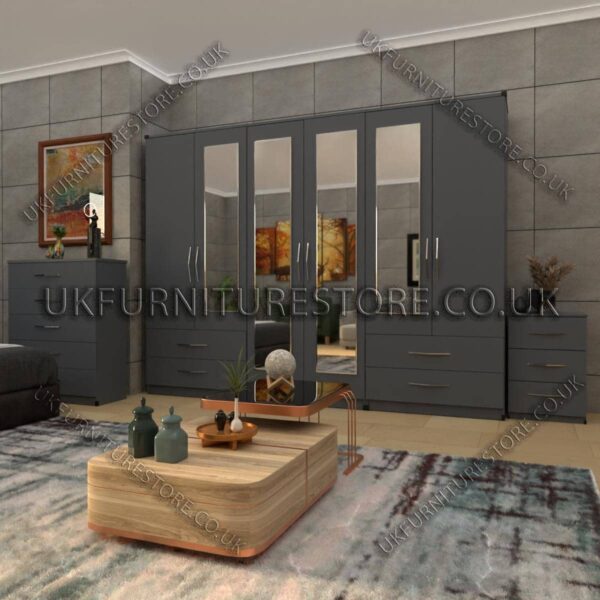 Gray 6 Door Wardrobe Set With 4 Mirrors and 4 Bottom Drawer