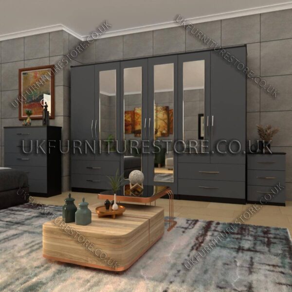 Front Gray Side Black 6 Door Wardrobe Set With 4 Mirrors and 4 Bottom Drawer