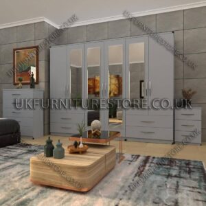 Silver 6 Door Wardrobe Set With 4 Mirrors and 4 Bottom Drawer