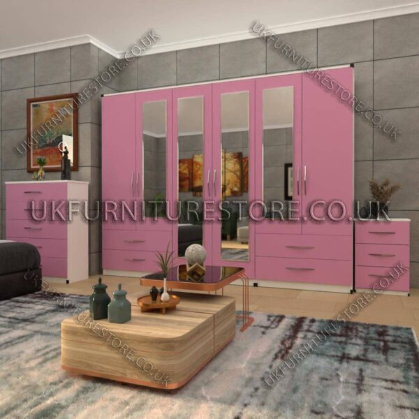 Front Pink Side White 6 Door Wardrobe Set With 4 Mirrors and 4 Bottom Drawer