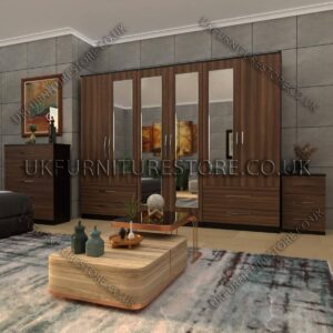 Front Walnut Side Black 6 Door Wardrobe Set With 4 Mirrors and 4 Bottom Drawer