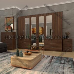 Walnut 6 Door Wardrobe Set With 4 Mirrors and 4 Bottom Drawer