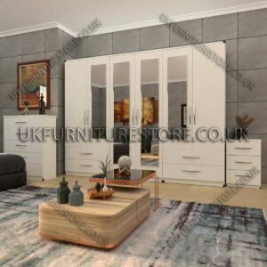 White 6 Door Wardrobe With 4 Mirrors and 4 Bottom Drawer