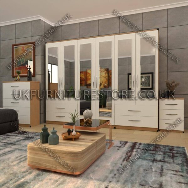 Front White Side Oak 6 Door Wardrobe Set With 6 Mirrors and 4 Bottom Drawer