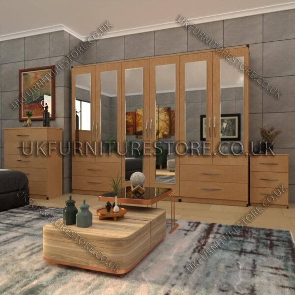 Beech 6 Door Wardrobe Set With 6 Mirrors and 4 Bottom Drawer