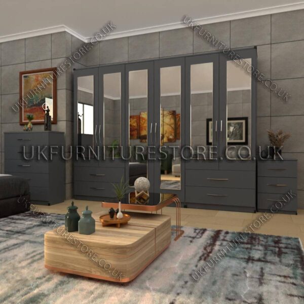 Gray 6 Door Wardrobe Set With 6 Mirrors and 4 Bottom Drawer