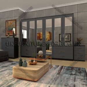 Front Gray Side Black 6 Door Wardrobe Set With 6 Mirrors and 4 Bottom Drawer