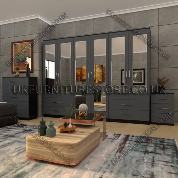Front Gray Side Black 6 Door Wardrobe Set With 6 Mirrors and 4 Bottom Drawer