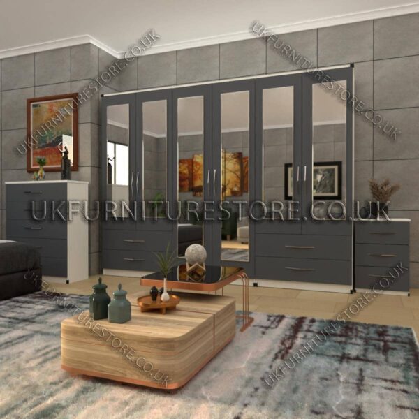 Front Gray Side White 6 Door Wardrobe Set With 6 Mirrors and 4 Bottom Drawer