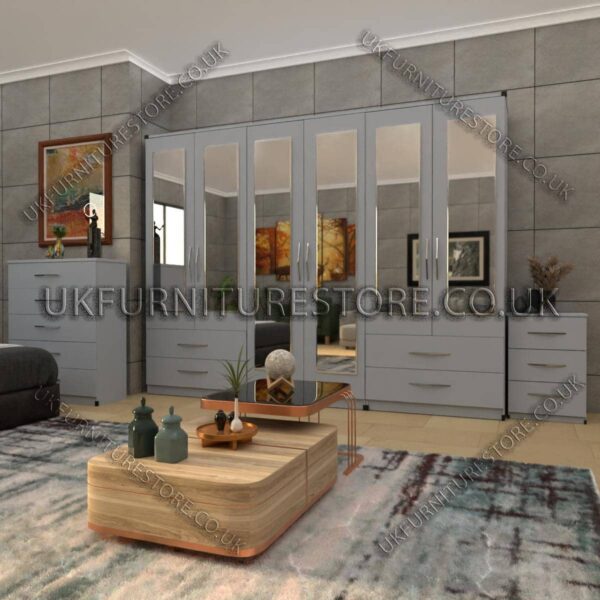 Silver 6 Door Wardrobe Set With 6 Mirrors and 4 Bottom Drawer