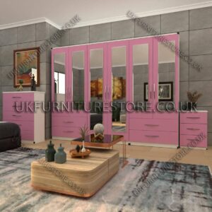 Front Pink Side White 6 Door Wardrobe Set With 6 Mirrors and 4 Bottom Drawer