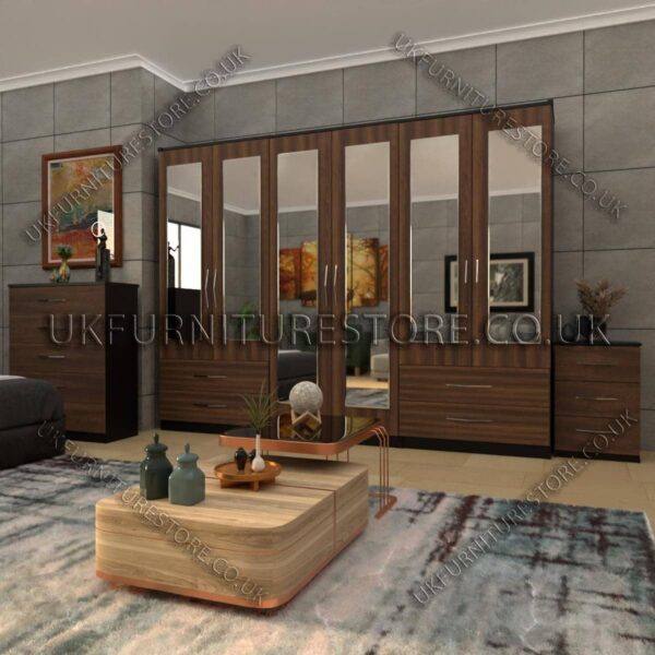Front Walnut Side Black 6 Door Wardrobe Set With 6 Mirrors and 4 Bottom Drawer