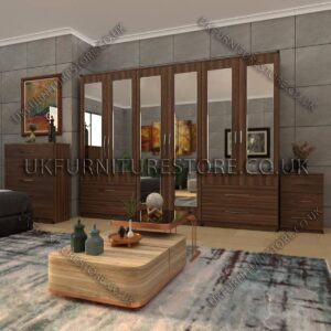 Walnut 6 Door Wardrobe Set With 6 Mirrors and 4 Bottom Drawer