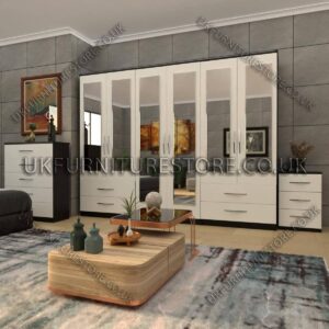 Front White Side Black 6 Door Wardrobe Set With 6 Mirrors and 4 Bottom Drawer