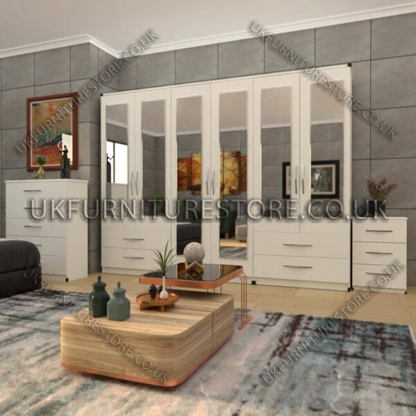 White 6 Door Wardrobe Set With 6 Mirrors and 4 Bottom Drawer