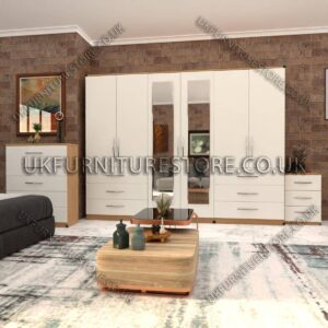 Front White Side Oak 6 Door Wardrobe Set With 2 Mirrors and 6 Bottom Drawer