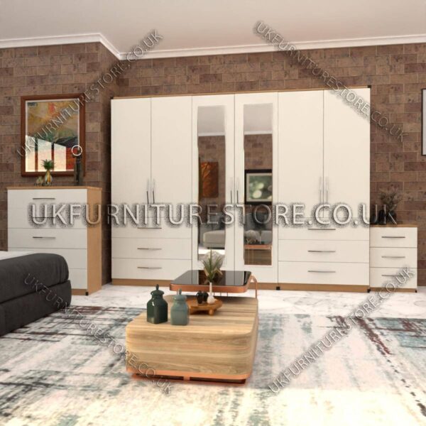 Front White Side Oak 6 Door Wardrobe Set With 2 Mirrors and 6 Bottom Drawer