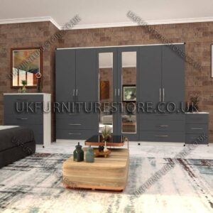 Front Gray Side White 6 Door Wardrobe Set With 2 Mirrors and 6 Bottom Drawer