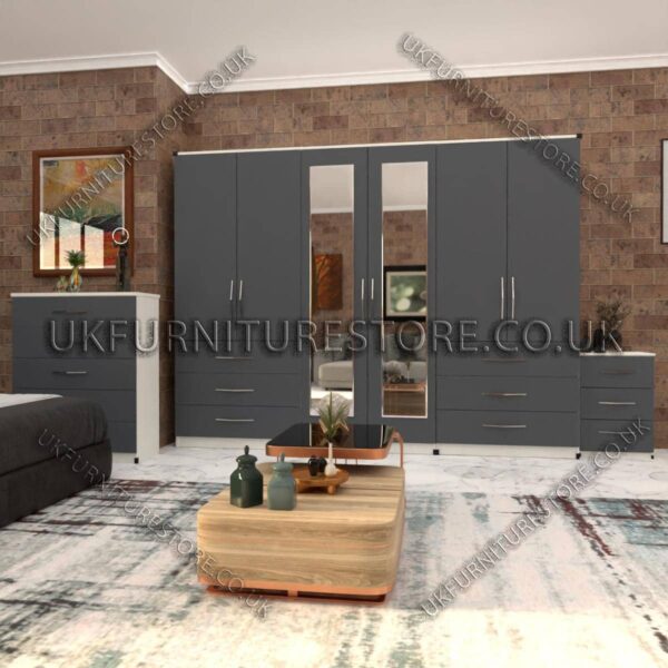 Front Gray Side White 6 Door Wardrobe Set With 2 Mirrors and 6 Bottom Drawer