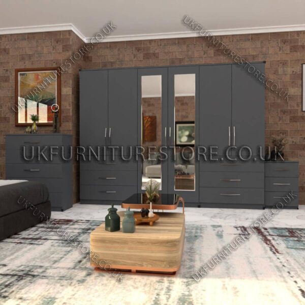 Gray 6 Door Wardrobe Set With 2 Mirrors and 6 Bottom Drawer