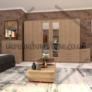 Oak 6 Door Wardrobe Set With 2 Mirrors and 6 Bottom Drawer