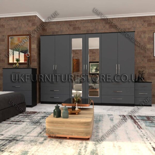 Front Gray Side Black 6 Door Wardrobe Set With 2 Mirrors and 6 Bottom Drawer