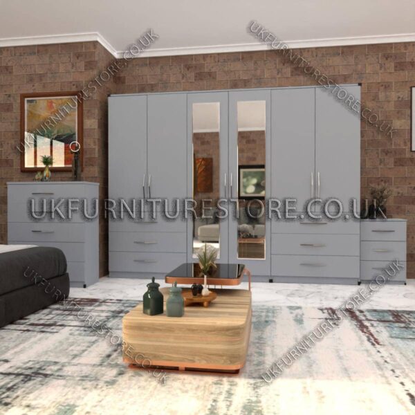 Silver 6 Door Wardrobe Set With 2 Mirrors and 6 Bottom Drawer