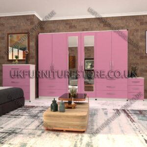 Front Pink Side White 6 Door Wardrobe Set With 2 Mirrors and 6 Bottom Drawer