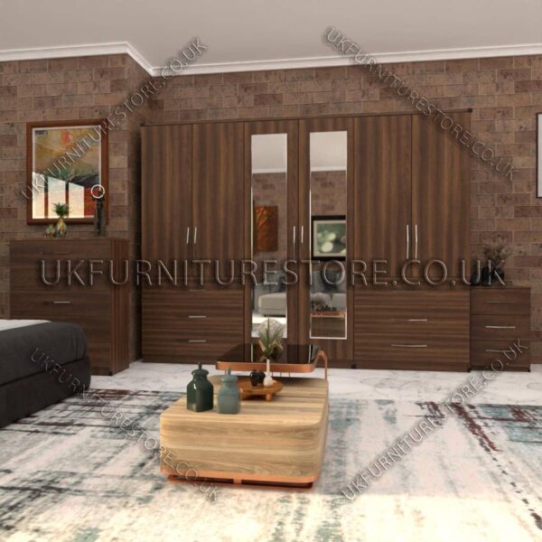 Walnut 6 Door Wardrobe Set With 2 Mirrors and 6 Bottom Drawer