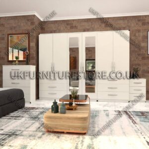 White 6 Door Wardrobe Set With 2 Mirrors and 6 Bottom Drawer