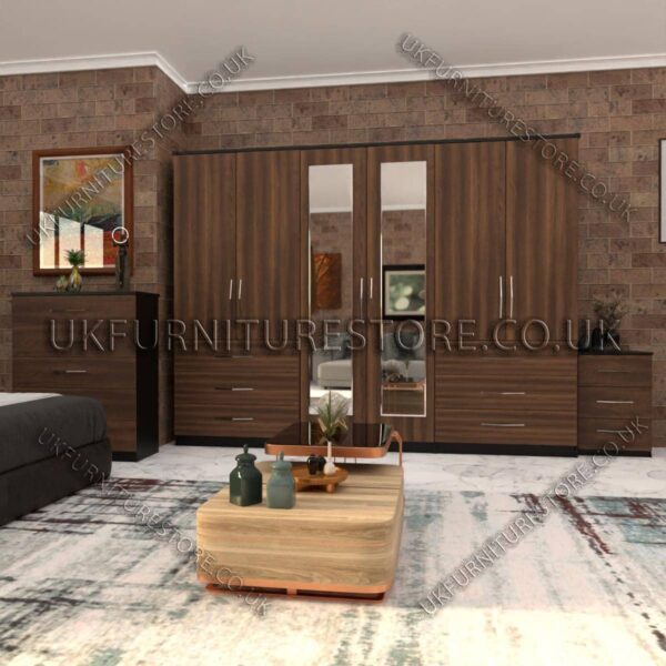 Front Walnut Side Black 6 Door Wardrobe Set With 2 Mirrors and 6 Bottom Drawer