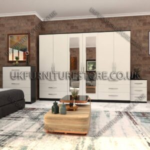 Front White Side Black 6 Door Wardrobe Set With 2 Mirrors and 6 Bottom Drawer