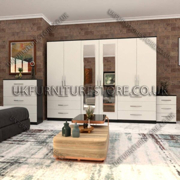 Front White Side Black 6 Door Wardrobe Set With 2 Mirrors and 6 Bottom Drawer