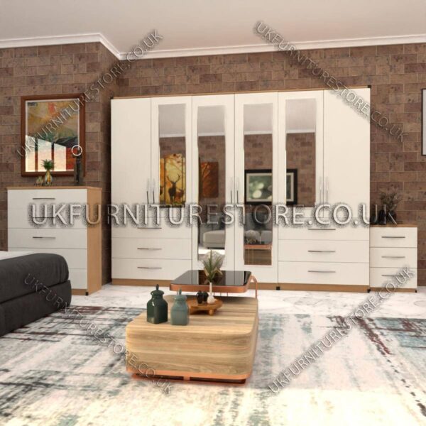 Front White Side Oak 6 Door Wardrobe Set With 4 Mirrors and 6 Bottom Drawer