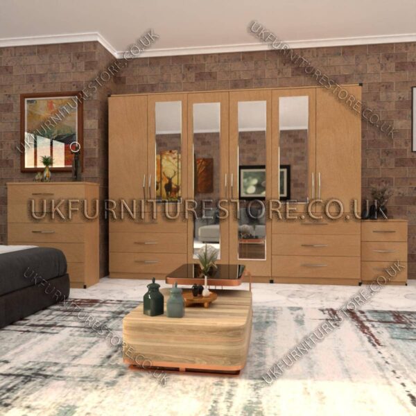 Beech 6 Door Wardrobe Set With 4 Mirrors and 6 Bottom Drawer