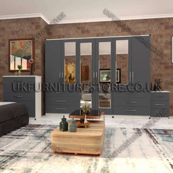 Front Gray Side White 6 Door Wardrobe Set With 4 Mirrors and 6 Bottom Drawer