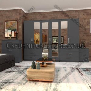 Gray 6 Door Wardrobe Set With 4 Mirrors and 6 Bottom Drawer
