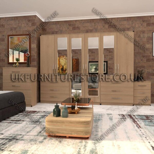 Oak 6 Door Wardrobe Set With 4 Mirrors and 6 Bottom Drawer