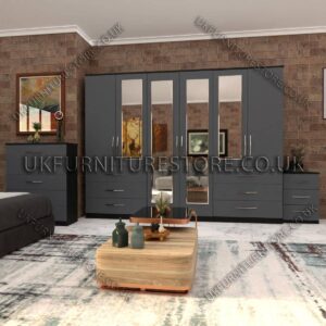 Front Gray Side Black 6 Door Wardrobe Set With 4 Mirrors and 6 Bottom Drawer