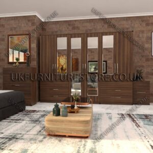 Walnut 6 Door Wardrobe Set With 4 Mirrors and 6 Bottom Drawer