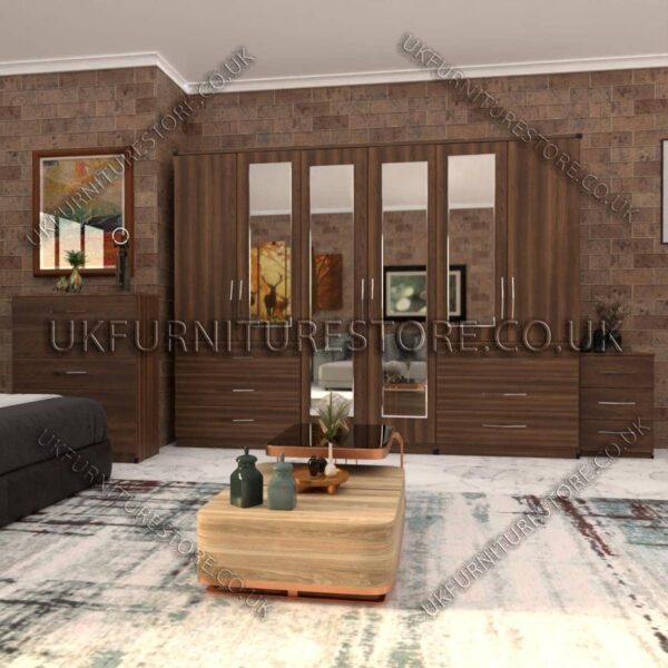 Walnut 6 Door Wardrobe Set With 4 Mirrors and 6 Bottom Drawer